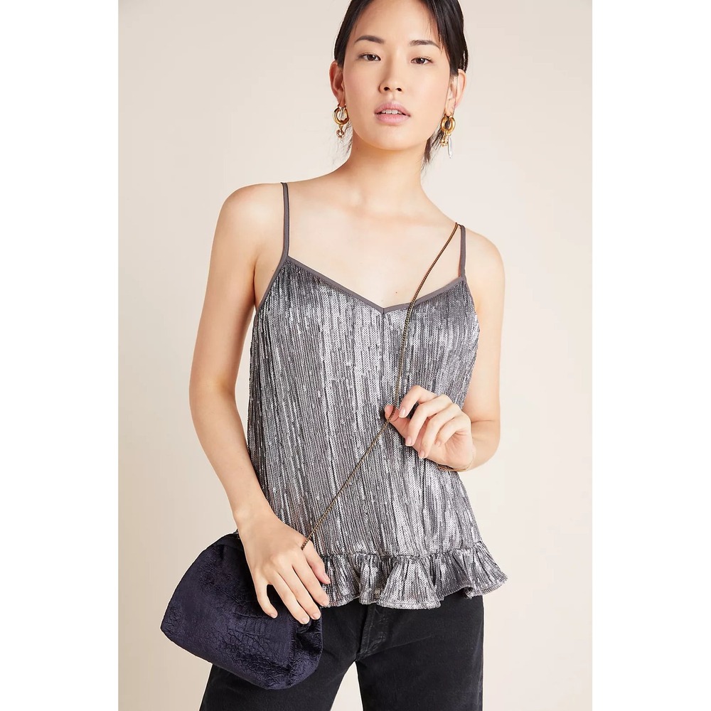 Anthropologie Silver Sequin Ruffle Hem Camisole Top V-Neck Adjustable Strap Sz 6
